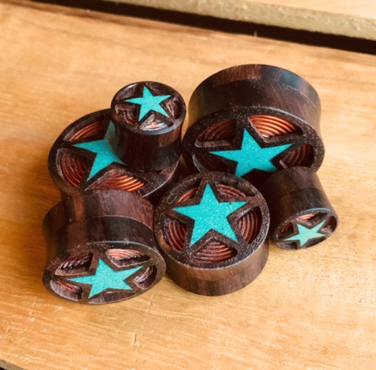 PAIR of Sono Wood Plugs with Crushed Turquoise Star & Copper Coil - Gauges 00g (10mm) through 1" (25mm) available!