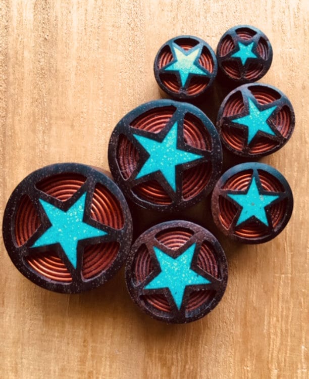 PAIR of Sono Wood Plugs with Crushed Turquoise Star & Copper Coil - Gauges 00g (10mm) through 1" (25mm) available!