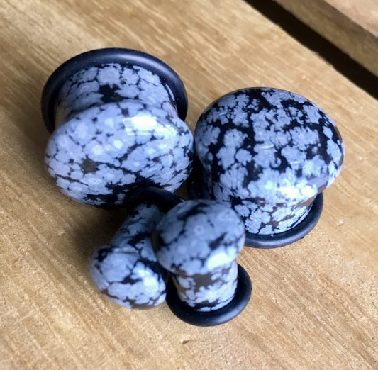 PAIR of Single Flare Snowflake Obsidian Organic Stone Plugs with O-Rings - Gauges 4g (5mm) up to 5/8" (16mm) available!