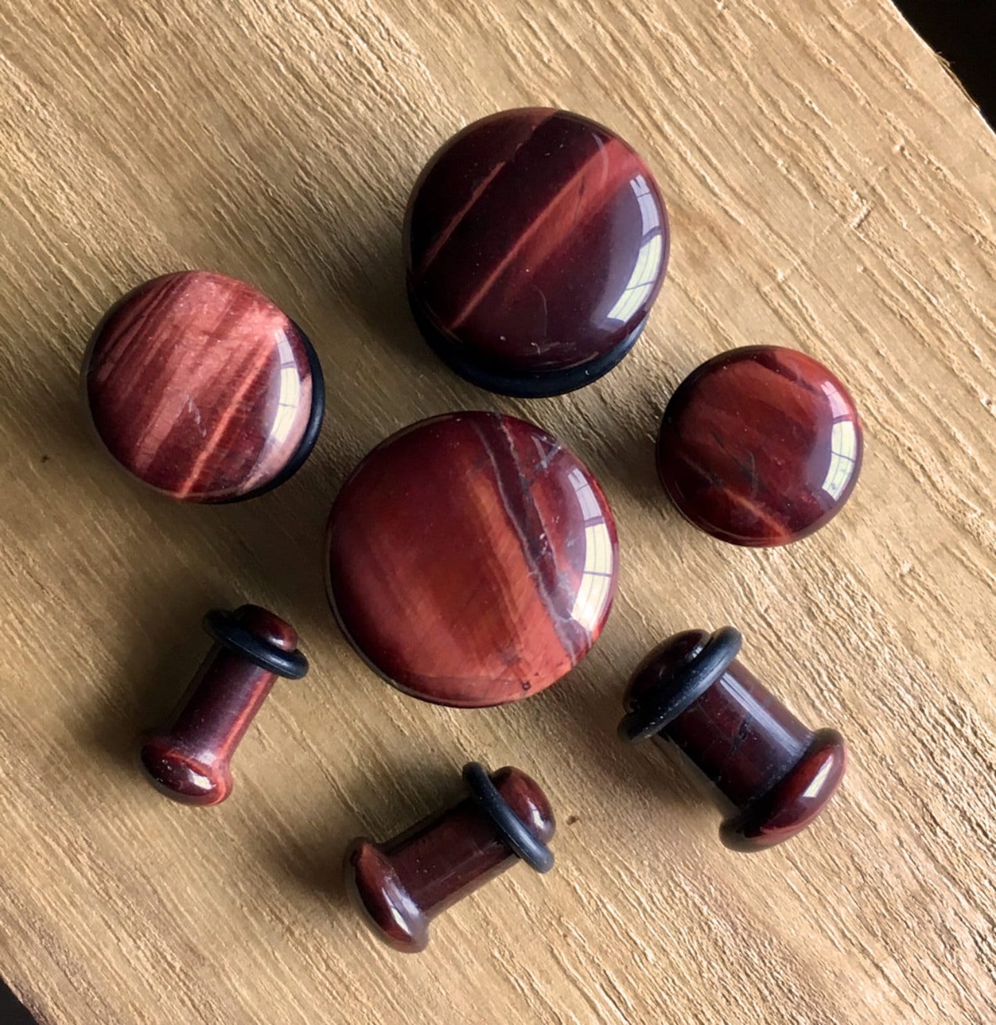 PAIR of Single Flare Red Tiger Eye Stone Plugs with O-Rings - Gauges 4g (5mm) up to 5/8" (16mm) available!