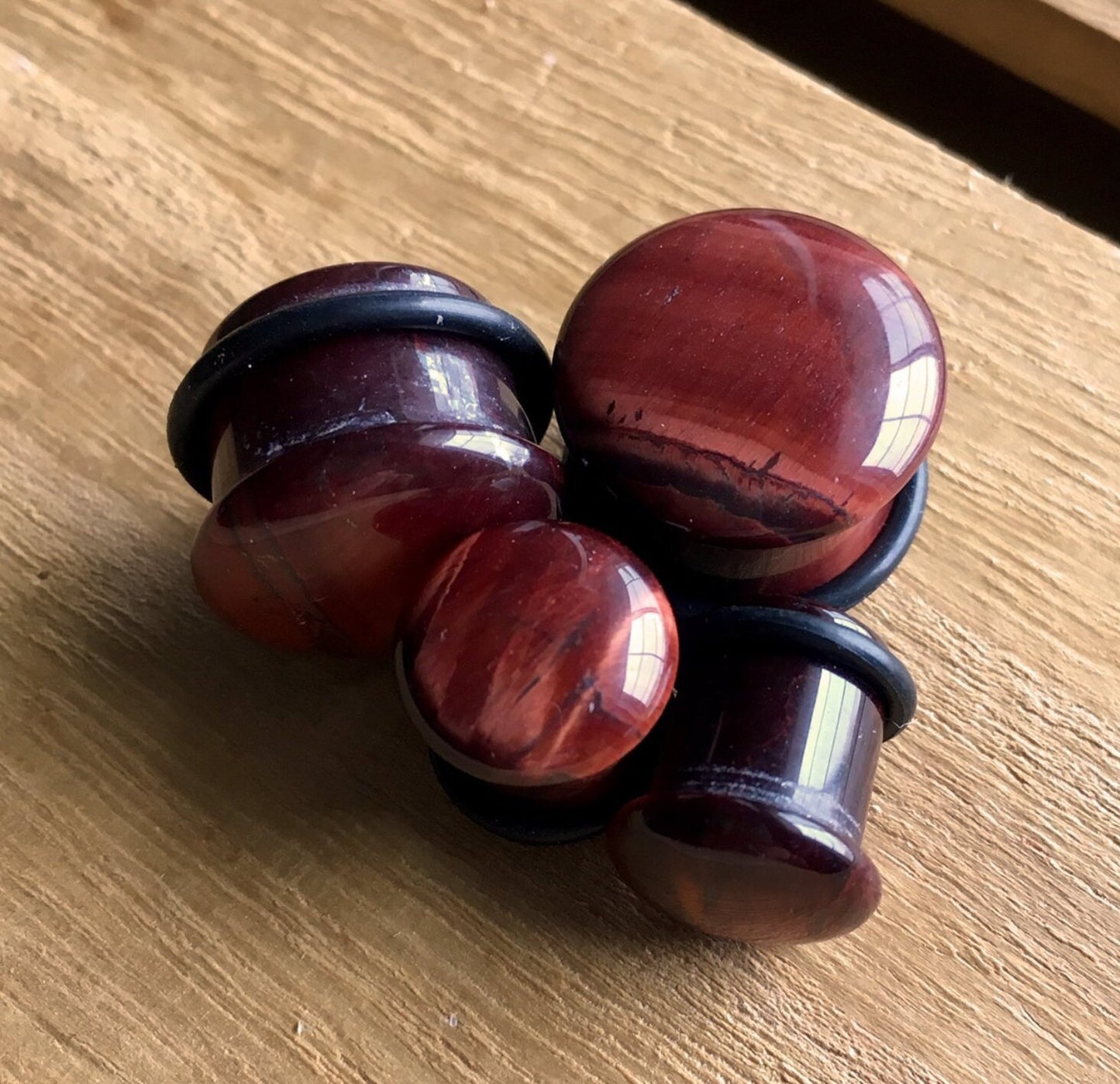 PAIR of Single Flare Red Tiger Eye Stone Plugs with O-Rings - Gauges 4g (5mm) up to 5/8" (16mm) available!