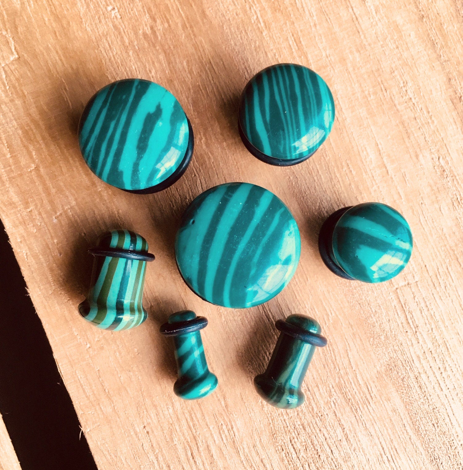 Pair of Green Malachite Stone Plugs with O-Rings - Gauges 4g (5mm) up to 5/8" (16mm) available!