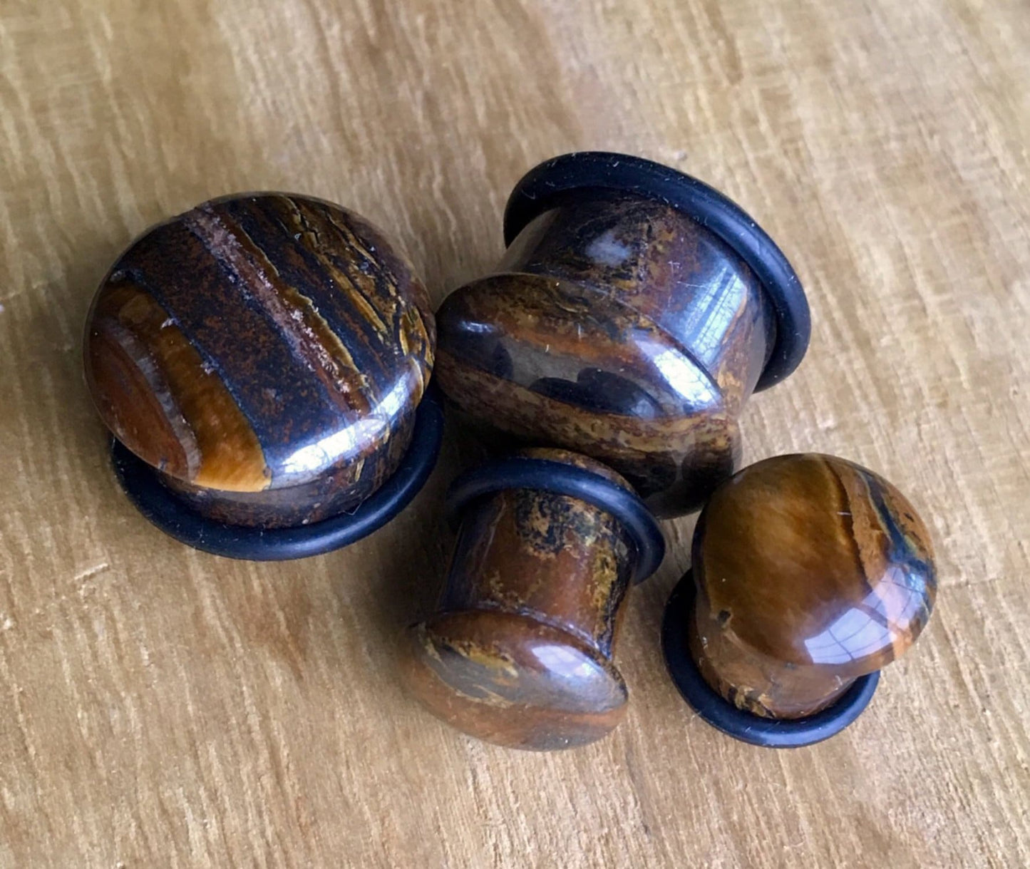 PAIR of Single Flare Tiger Iron Organic Stone Plugs with O-Rings - Gauges 4g (5mm) up to 5/8" (16mm) available!