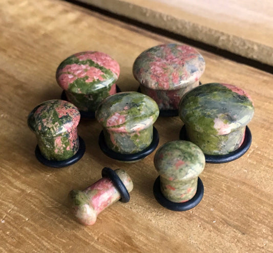 PAIR of Single Flare Unakite Stone Plugs with O-Rings - Gauges 4g (5mm) up to 5/8" (16mm) available!