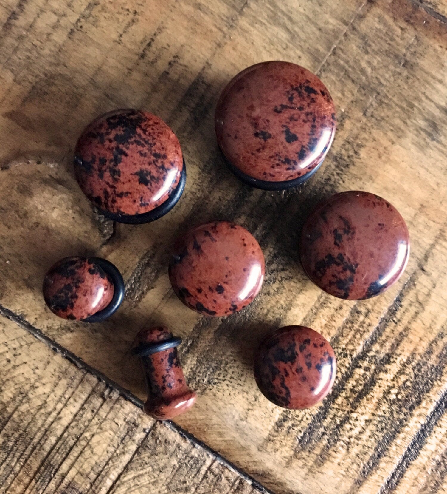 PAIR of Single Flare Mahogany Obsidian Stone Plugs with O-Rings - Gauge 4g (5mm) up to 5/8" (16mm) available!