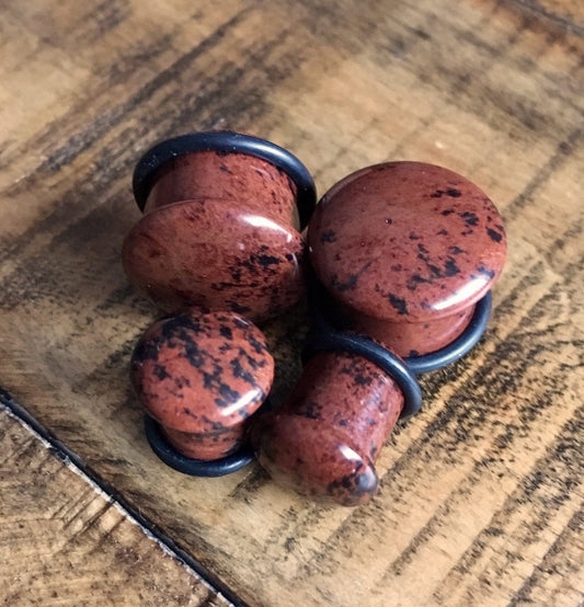 PAIR of Single Flare Mahogany Obsidian Stone Plugs with O-Rings - Gauge 4g (5mm) up to 5/8" (16mm) available!