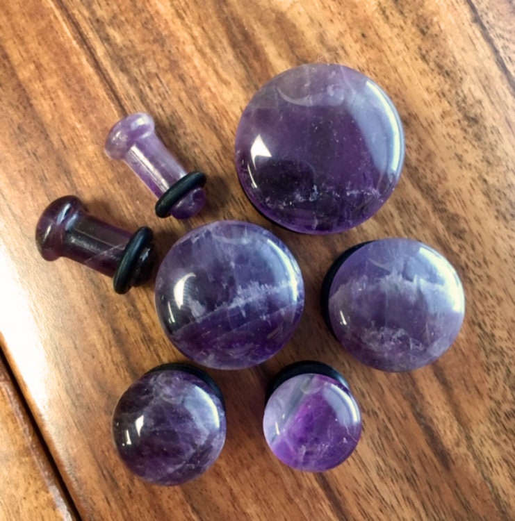 PAIR of Single Flare Organic Amethyst Stone Plugs - Gauges 4g (5mm) through 5/8" (16mm)