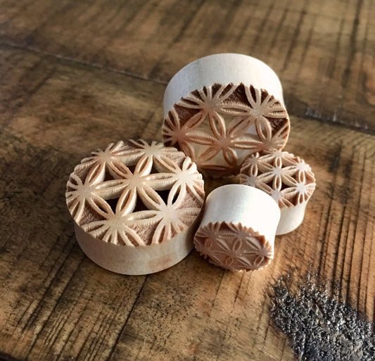 PAIR of Stunning Flower of Life Center Cut Out Blonde Crocodile Wood Saddle Plugs - Gauges 1/2" (12mm) up to 1" (25mm) available!