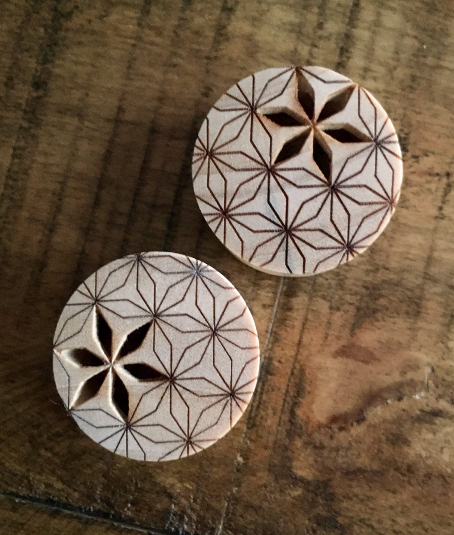 PAIR of Flower of Life Cut Out Blonde Crocodile Wood Saddle Plugs - Gauges 00g (10mm) up to 1" (25mm) available!