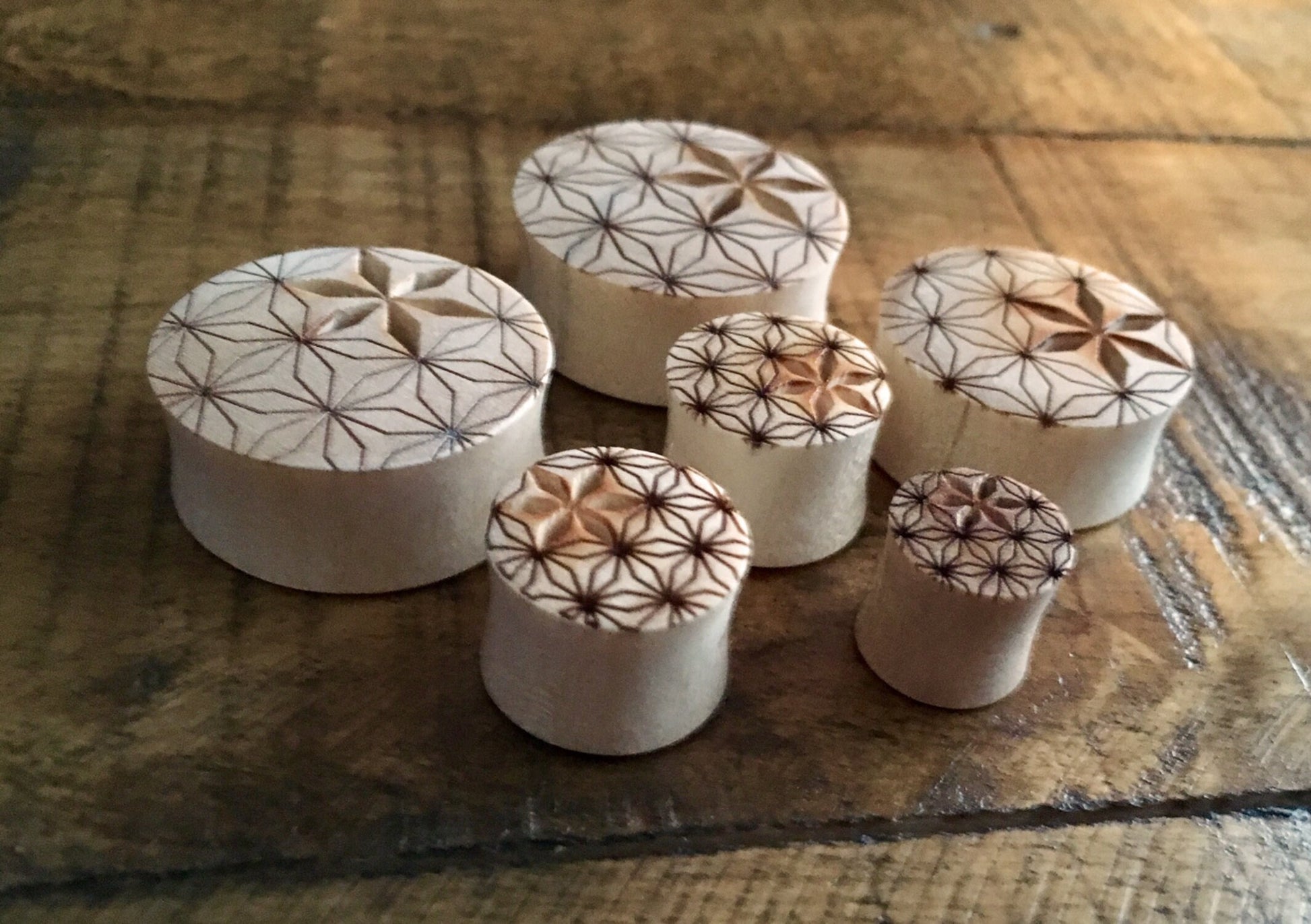 PAIR of Flower of Life Cut Out Blonde Crocodile Wood Saddle Plugs - Gauges 00g (10mm) up to 1" (25mm) available!