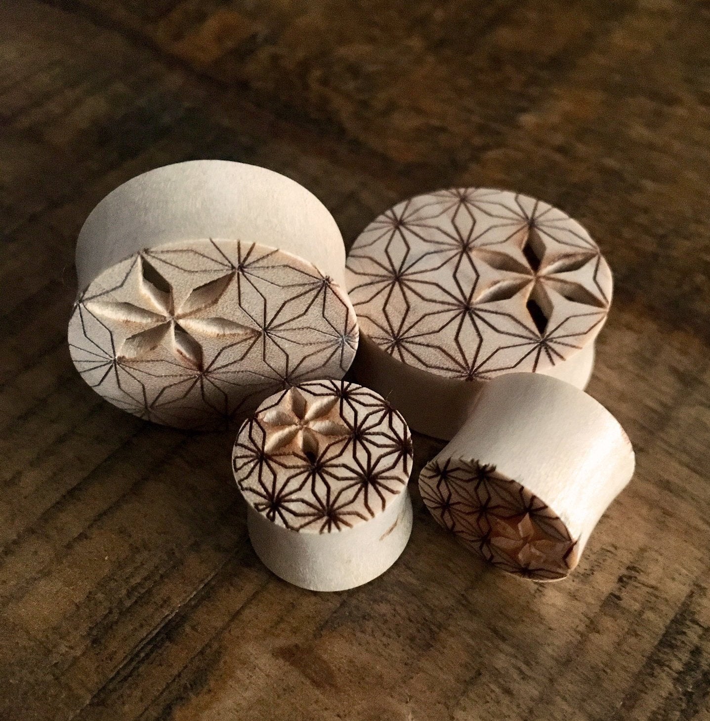 PAIR of Flower of Life Cut Out Blonde Crocodile Wood Saddle Plugs - Gauges 00g (10mm) up to 1" (25mm) available!