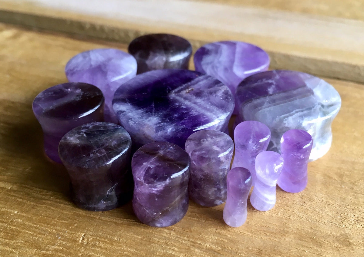 PAIR of Stunning Amethyst Organic Stone Plugs - Gauges 8g (3mm) up to 1" (25mm) available!