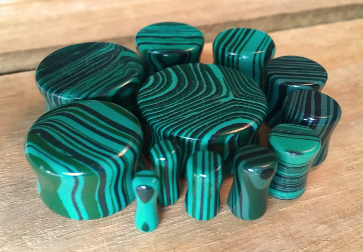 PAIR of Unique Green Malachite Stone Plugs - Gauges 8g (3mm) up to 25mm available!