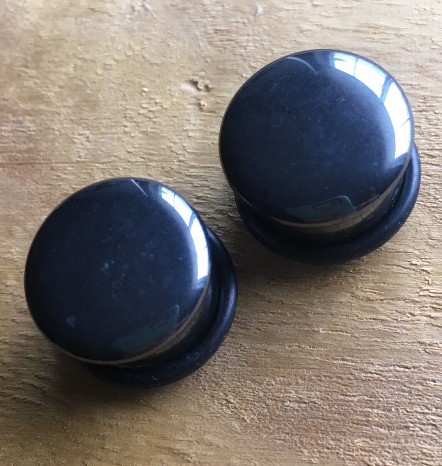 PAIR of Single Flare Hematite Stone Plugs with O-Rings - Gauges 6g (4mm) up to 5/8" (16mm) available!