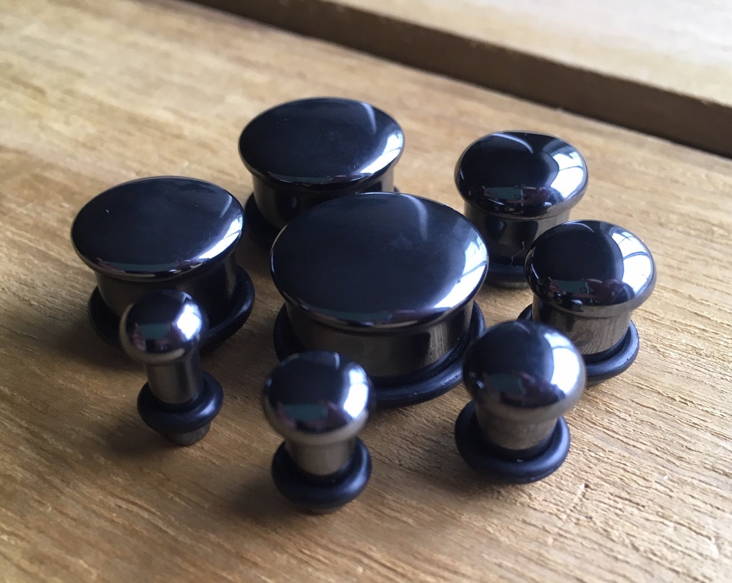 PAIR of Single Flare Hematite Stone Plugs with O-Rings - Gauges 6g (4mm) up to 5/8" (16mm) available!