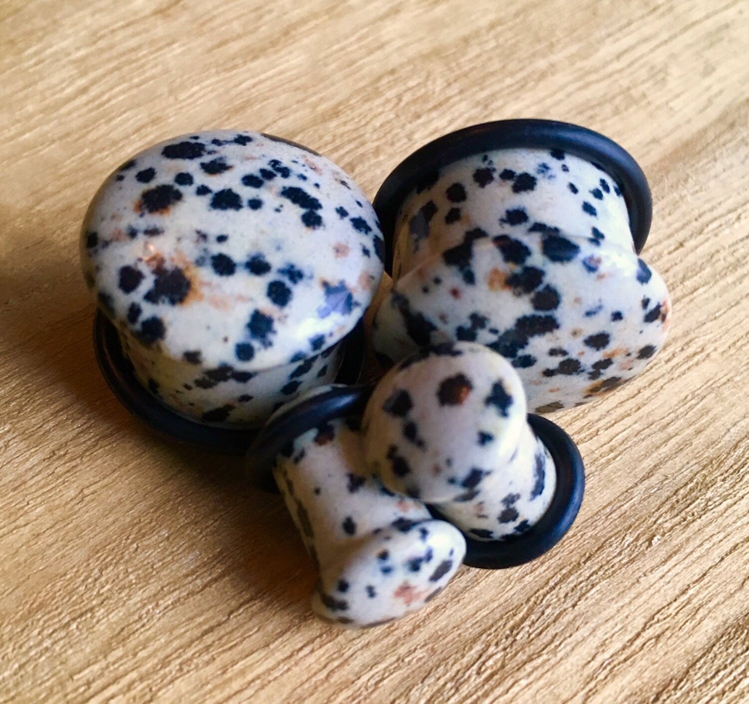 PAIR of Organic Single Flare Dalmatian Jasper Stone Plugs with O-Rings - Gauges 4g (5mm) up to 5/8" (16mm) available!