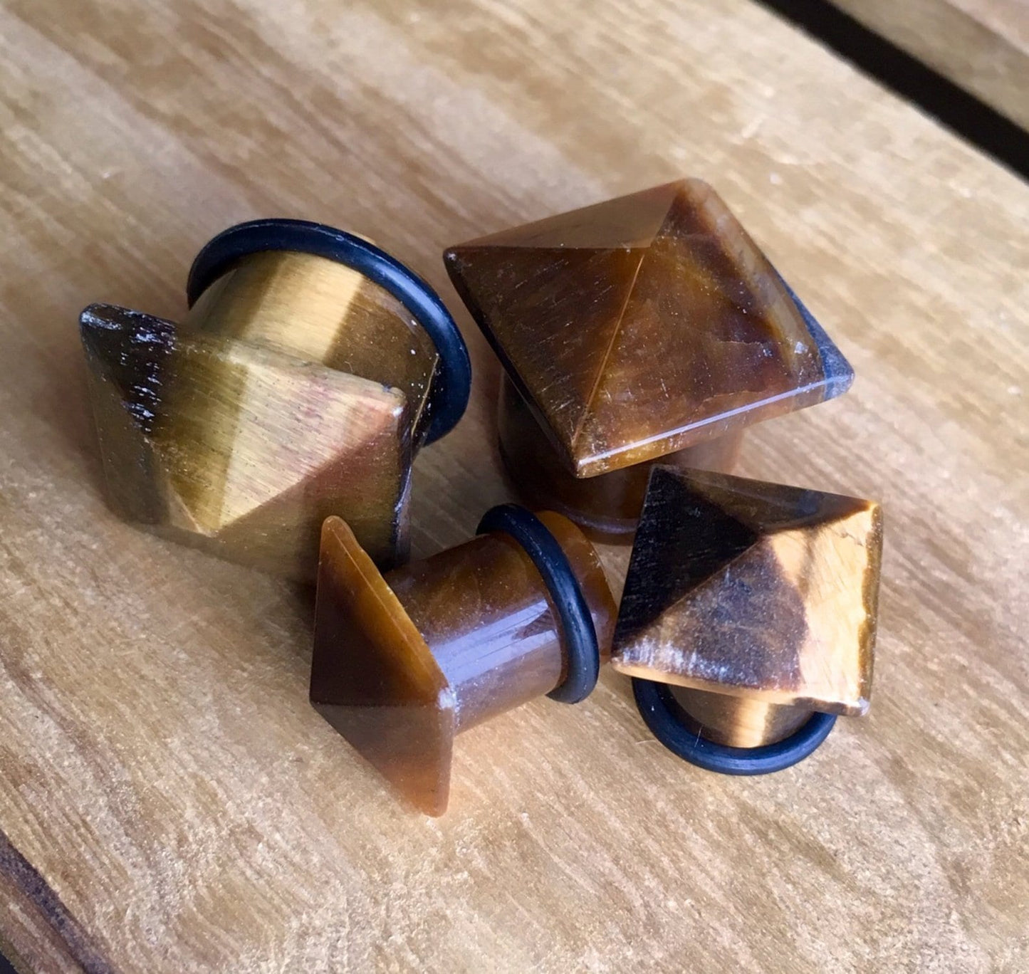 PAIR of Tiger Eye Stone Pyramid Single Flare Plugs with O-Rings - Gauges 4g (5mm) up to 5/8" (16mm) available!