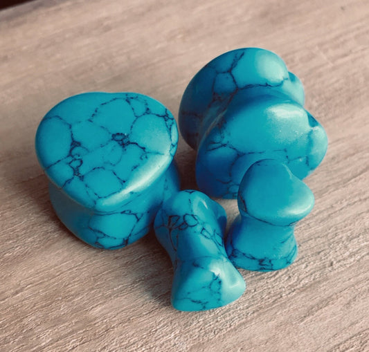 PAIR of Beautiful Organic Heart Shaped Turquoise Stone Plugs - Gauges 2g (6mm) up to 5/8" (16mm) available!