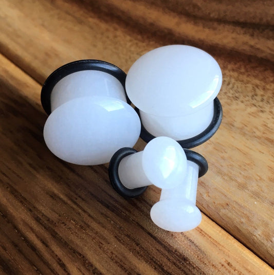 PAIR of Stunning Single Flare White Jade Stone Plugs with O-Rings - Gauges 4g (5mm) up to 5/8" (16mm) available!