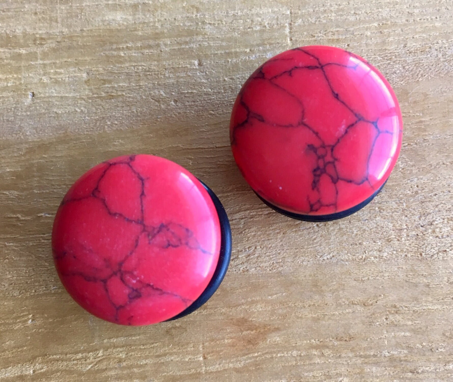 PAIR of Single Flare Red Turquoise Stone Plugs with O-Rings - Gauges 4g (5mm) through 5/8" (16mm)