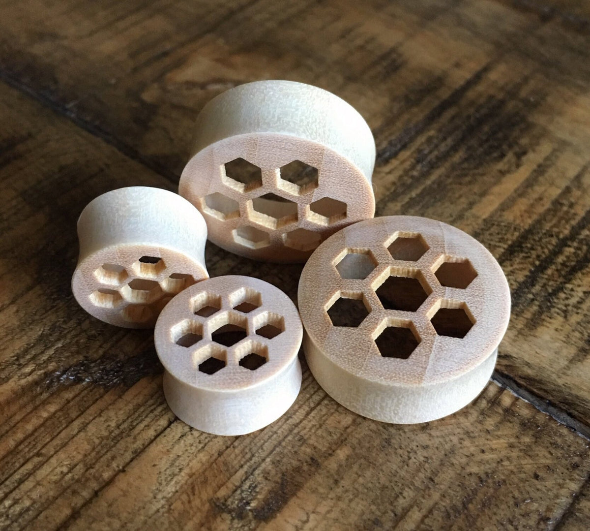 PAIR of Organic Honeycomb Cut Out Blonde Crocodile Wood Saddle Plugs - Gauges 00g (10mm) up to 1" (25mm) available!