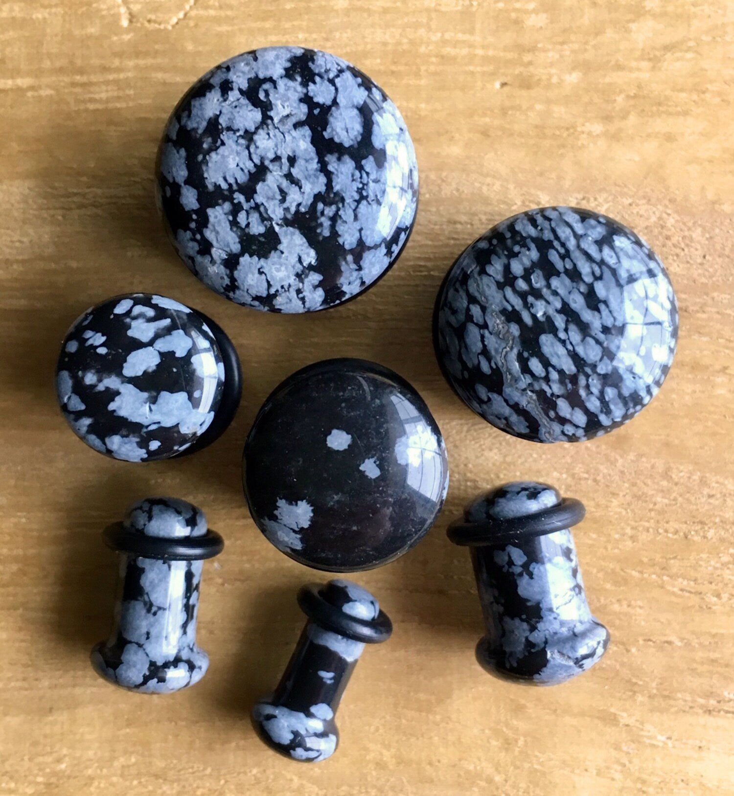 PAIR of Single Flare Snowflake Obsidian Organic Stone Plugs with O-Rings - Gauges 4g (5mm) up to 5/8" (16mm) available!