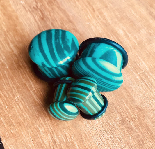 Pair of Green Malachite Stone Plugs with O-Rings - Gauges 4g (5mm) up to 5/8" (16mm) available!