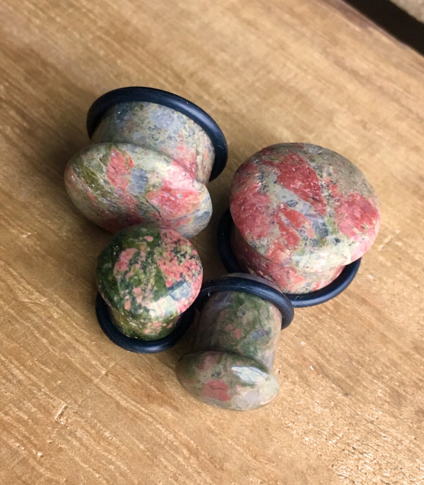 PAIR of Single Flare Unakite Stone Plugs with O-Rings - Gauges 4g (5mm) up to 5/8" (16mm) available!