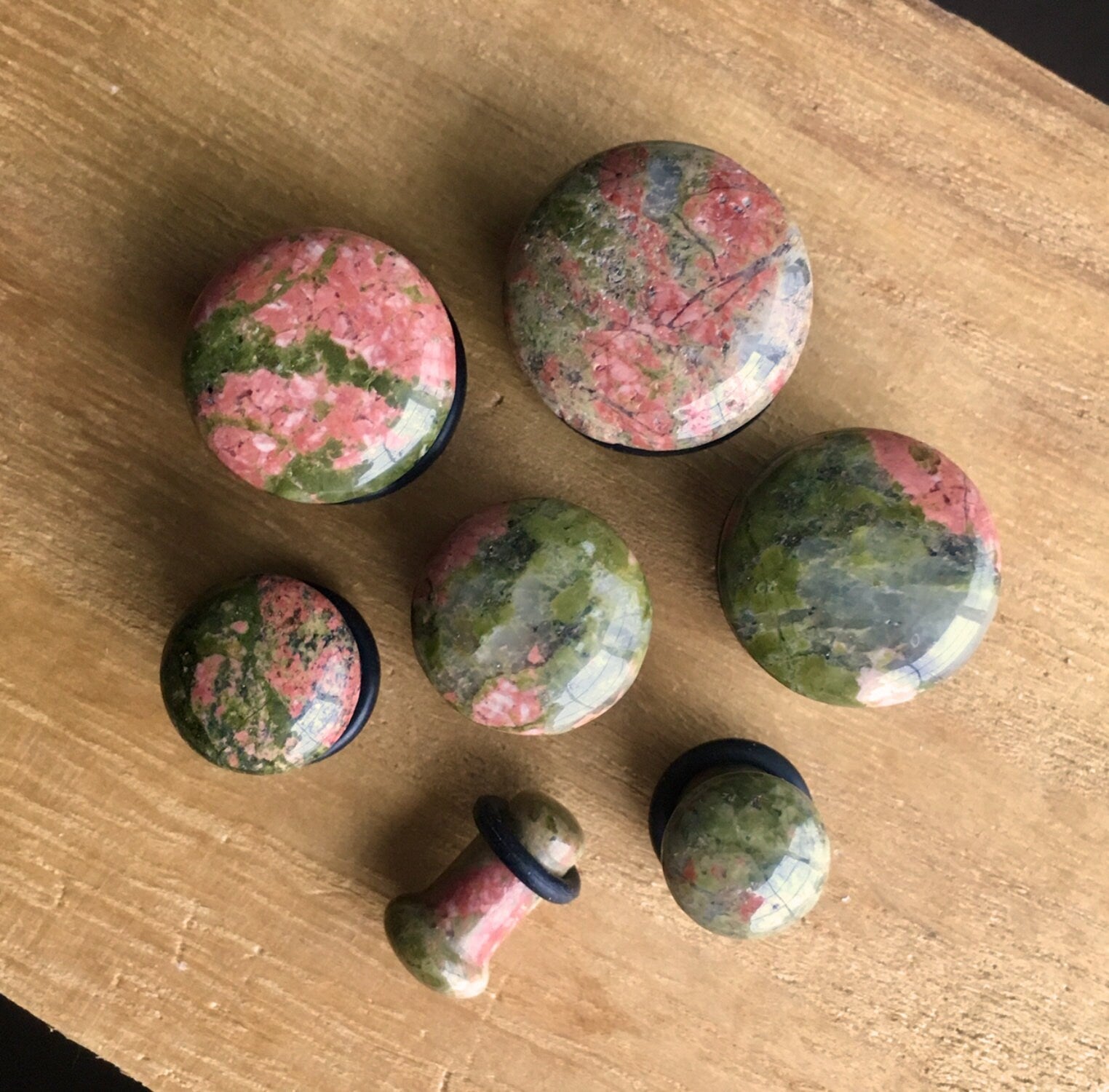 PAIR of Single Flare Unakite Stone Plugs with O-Rings - Gauges 4g (5mm) up to 5/8" (16mm) available!