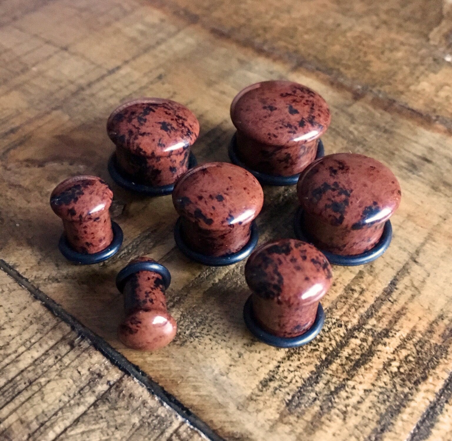 PAIR of Single Flare Mahogany Obsidian Stone Plugs with O-Rings - Gauge 4g (5mm) up to 5/8" (16mm) available!