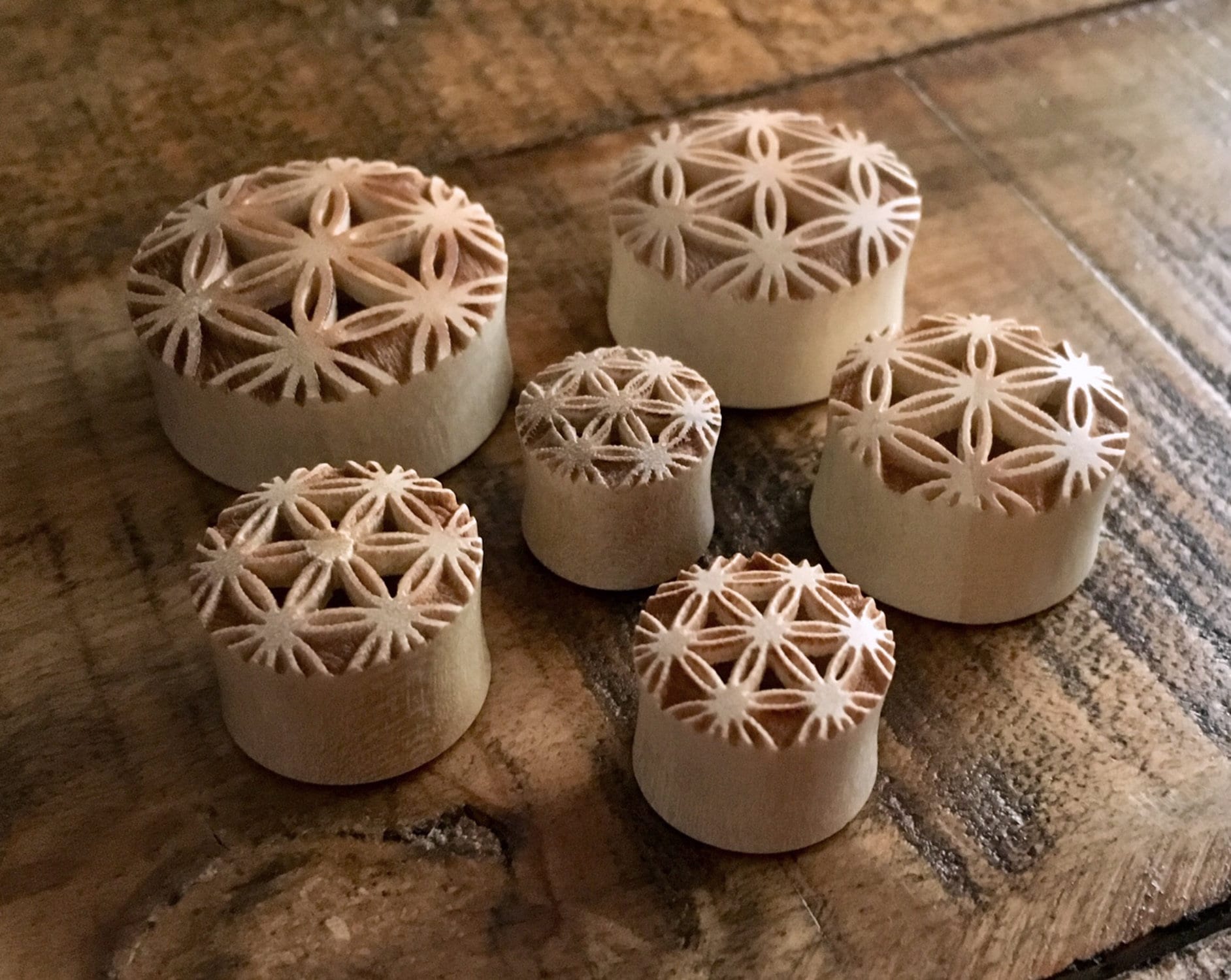 PAIR of Stunning Flower of Life Center Cut Out Blonde Crocodile Wood Saddle Plugs - Gauges 1/2" (12mm) up to 1" (25mm) available!