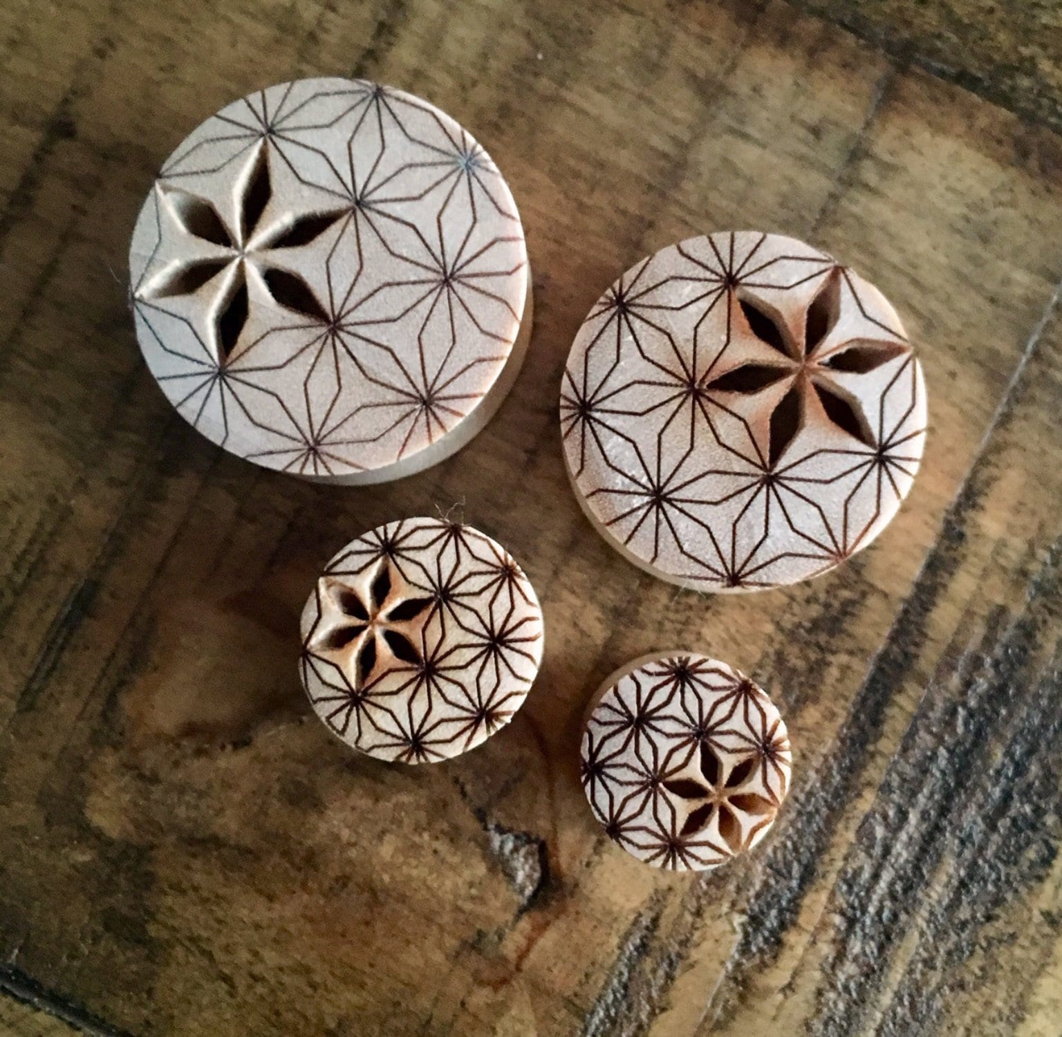 PAIR of Flower of Life Cut Out Blonde Crocodile Wood Saddle Plugs - Gauges 00g (10mm) up to 1" (25mm) available!