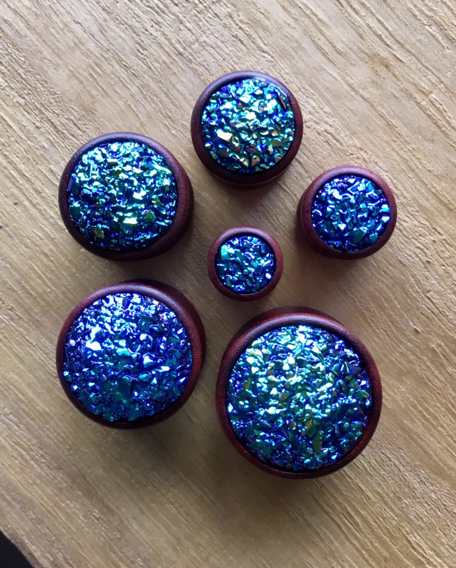 PAIR of Unique Blue Druzy Stone Sono Wood Plugs - Gauges 2g (6mm) up to 5/8" (16mm) available!