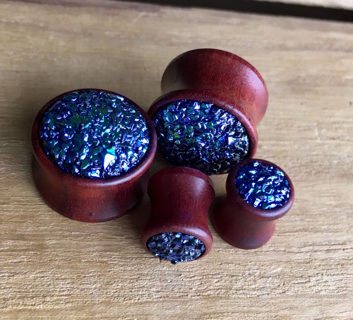 PAIR of Unique Blue Druzy Stone Sono Wood Plugs - Gauges 2g (6mm) up to 5/8" (16mm) available!