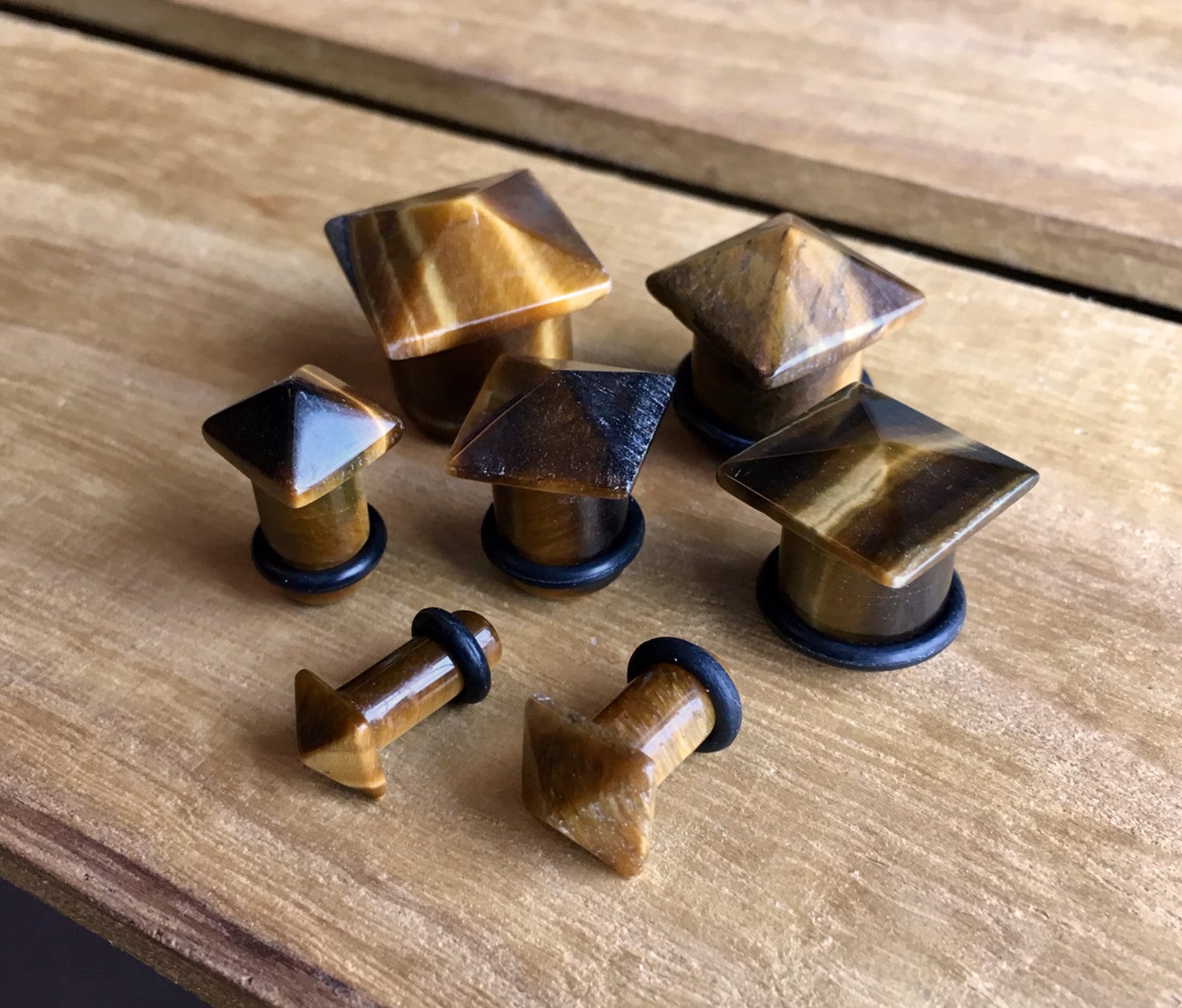 PAIR of Tiger Eye Stone Pyramid Single Flare Plugs with O-Rings - Gauges 4g (5mm) up to 5/8" (16mm) available!