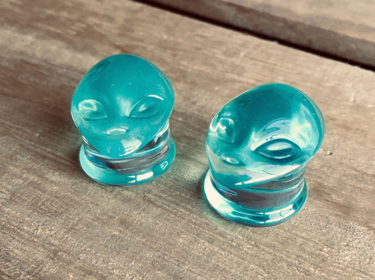PAIR of Unique Green Alien Face Pyrex Glass Double Flare Plugs - Gauges 2g (6mm) through 1" (25mm) available!