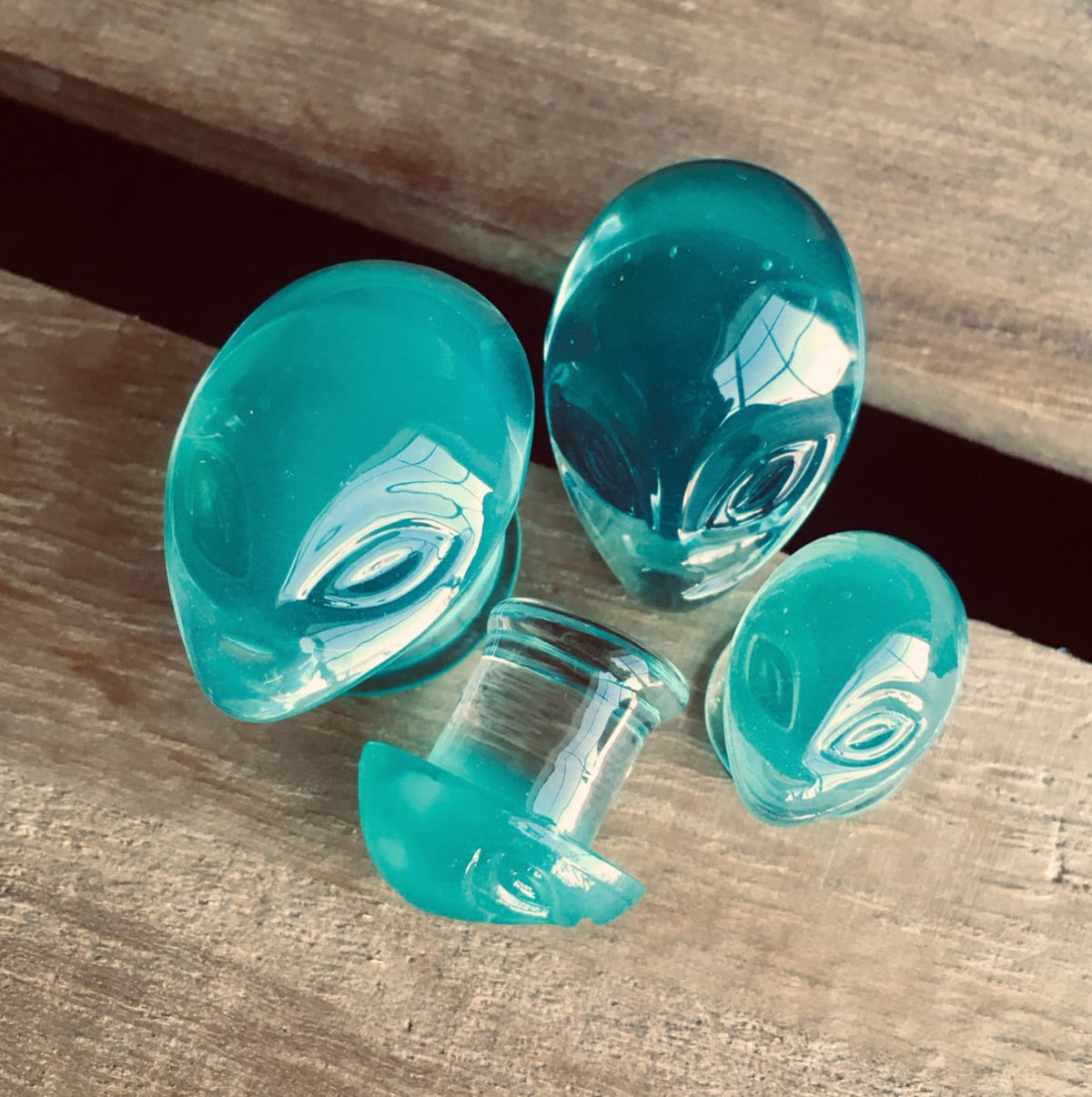 PAIR of Unique Green Alien Face Pyrex Glass Double Flare Plugs - Gauges 2g (6mm) through 1" (25mm) available!