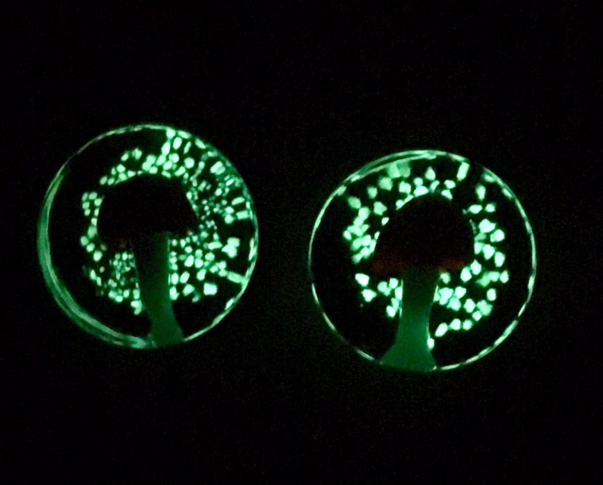 PAIR of Glow in the Dark Floating Red Mushroom Pyrex Glass Double Flare Plugs - Gauges 2g (6mm) through 5/8" (16mm) available!