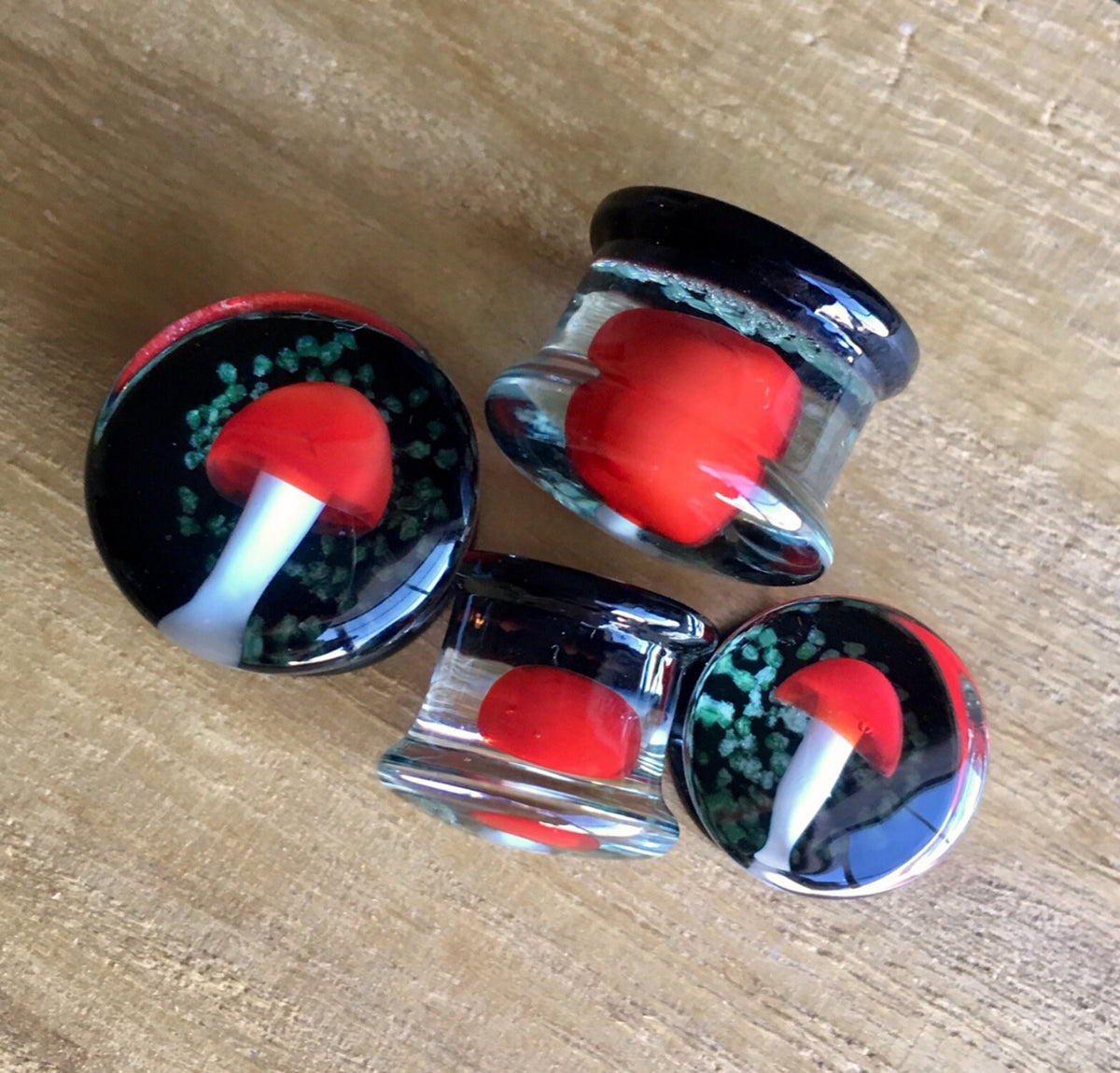 PAIR of Glow in the Dark Floating Red Mushroom Pyrex Glass Double Flare Plugs - Gauges 2g (6mm) through 5/8" (16mm) available!