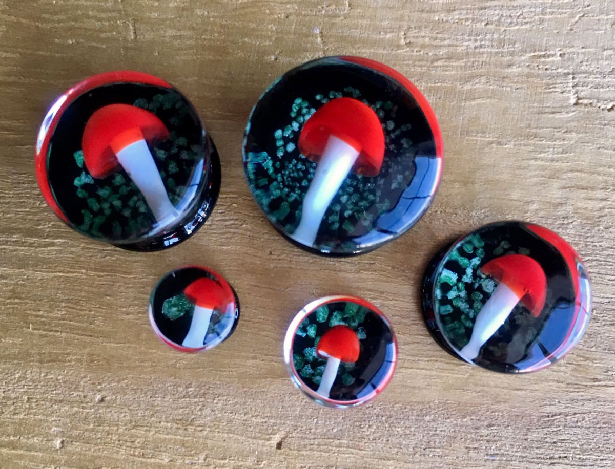 PAIR of Glow in the Dark Floating Red Mushroom Pyrex Glass Double Flare Plugs - Gauges 2g (6mm) through 5/8" (16mm) available!
