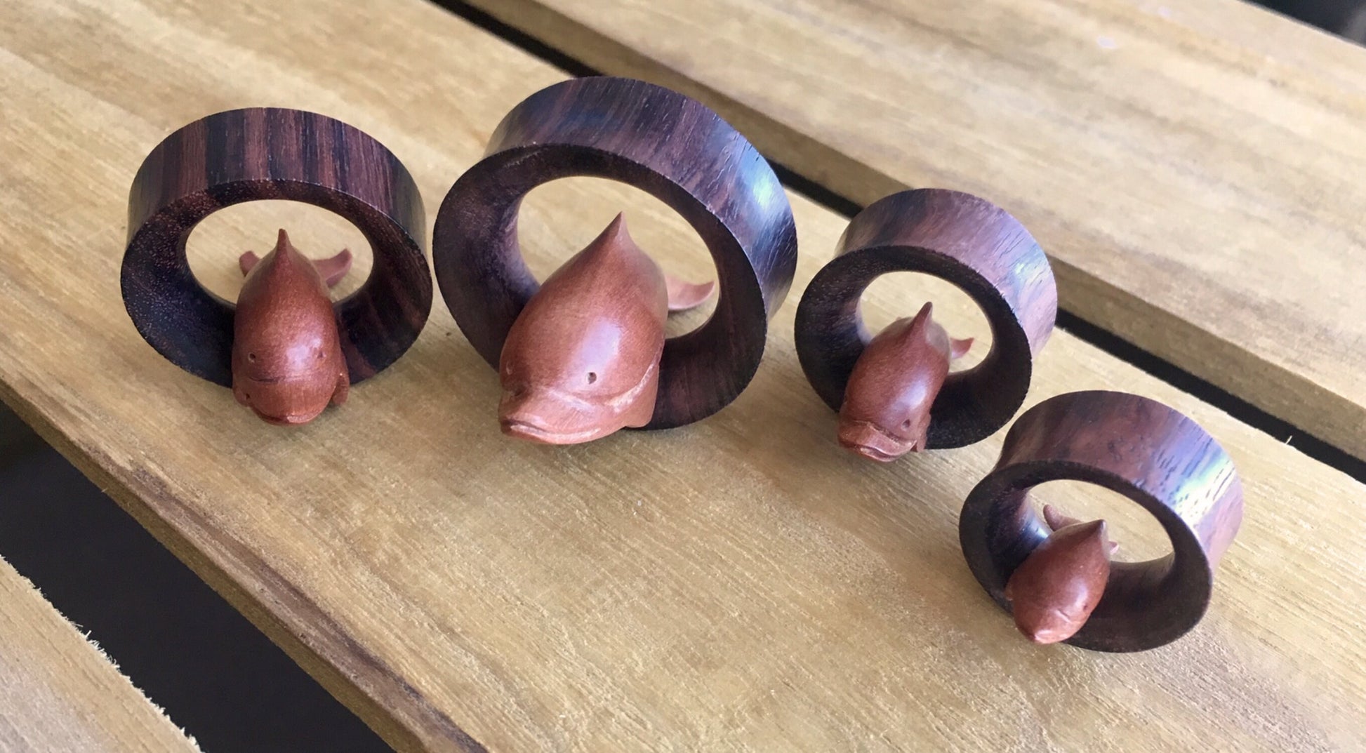 PAIR of Stunning Dolphin Hand Carved Saba and Sono Wood Saddle Tunnels - Gauges 3/4" (19mm) thru 1&3/8" (35mm) available!