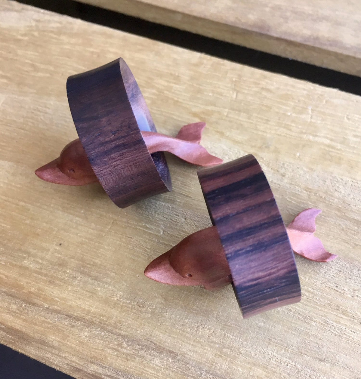 PAIR of Stunning Dolphin Hand Carved Saba and Sono Wood Saddle Tunnels - Gauges 3/4" (19mm) thru 1&3/8" (35mm) available!
