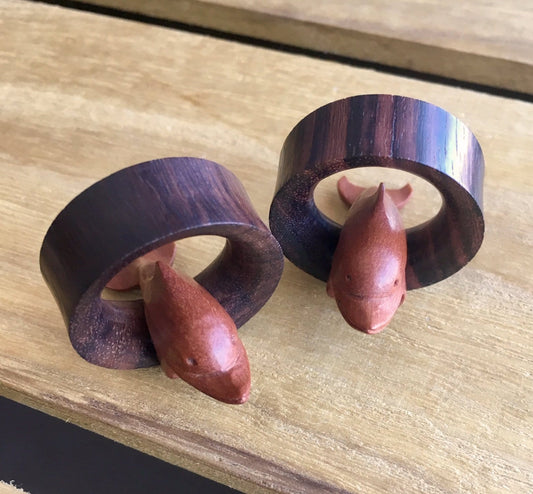 PAIR of Stunning Dolphin Hand Carved Saba and Sono Wood Saddle Tunnels - Gauges 3/4" (19mm) thru 1&3/8" (35mm) available!