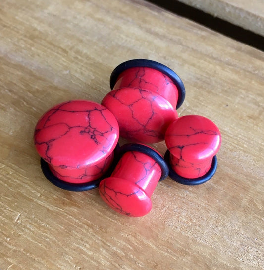 PAIR of Single Flare Red Turquoise Stone Plugs with O-Rings - Gauges 4g (5mm) through 5/8" (16mm)