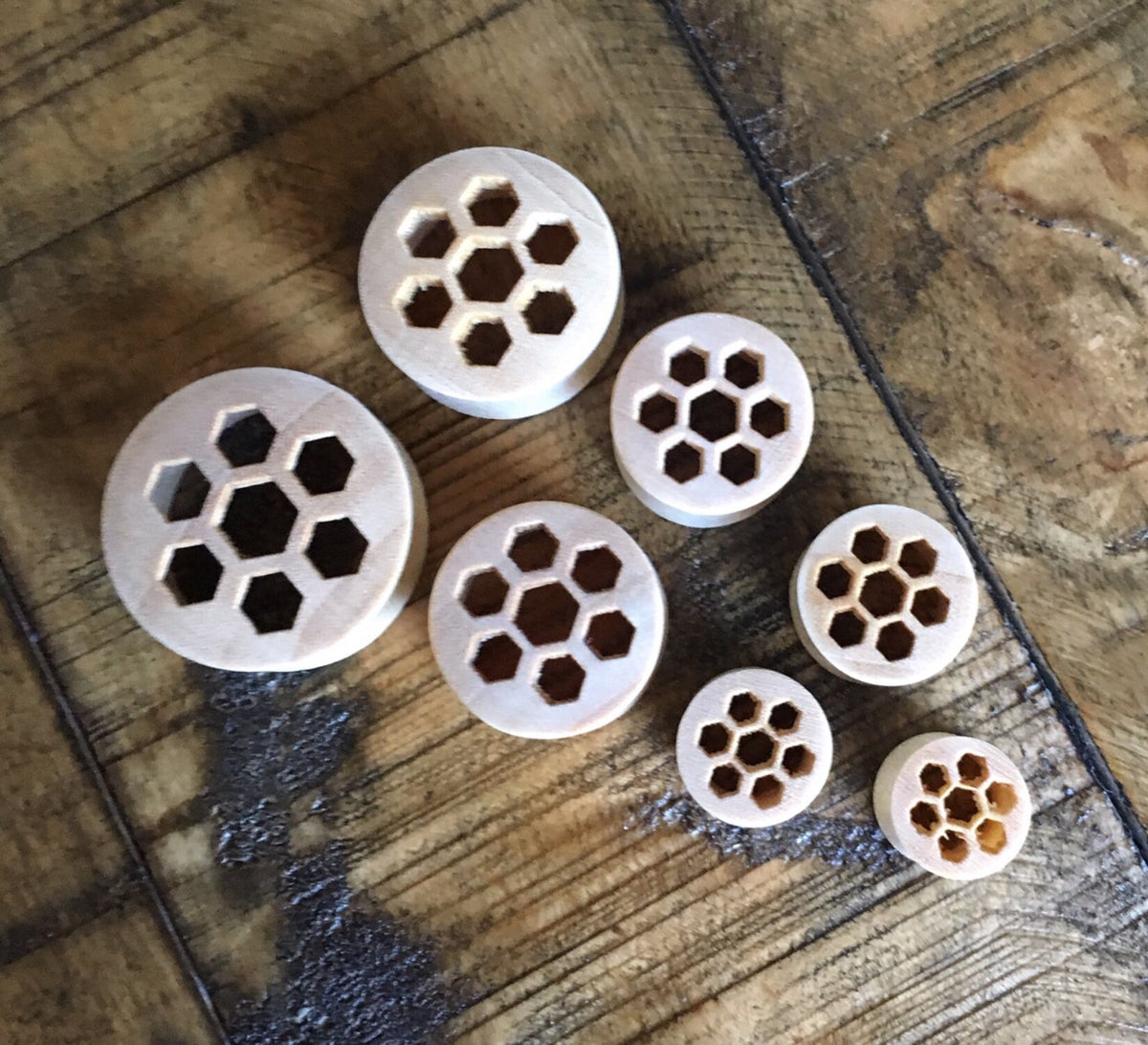 PAIR of Organic Honeycomb Cut Out Blonde Crocodile Wood Saddle Plugs - Gauges 00g (10mm) up to 1" (25mm) available!