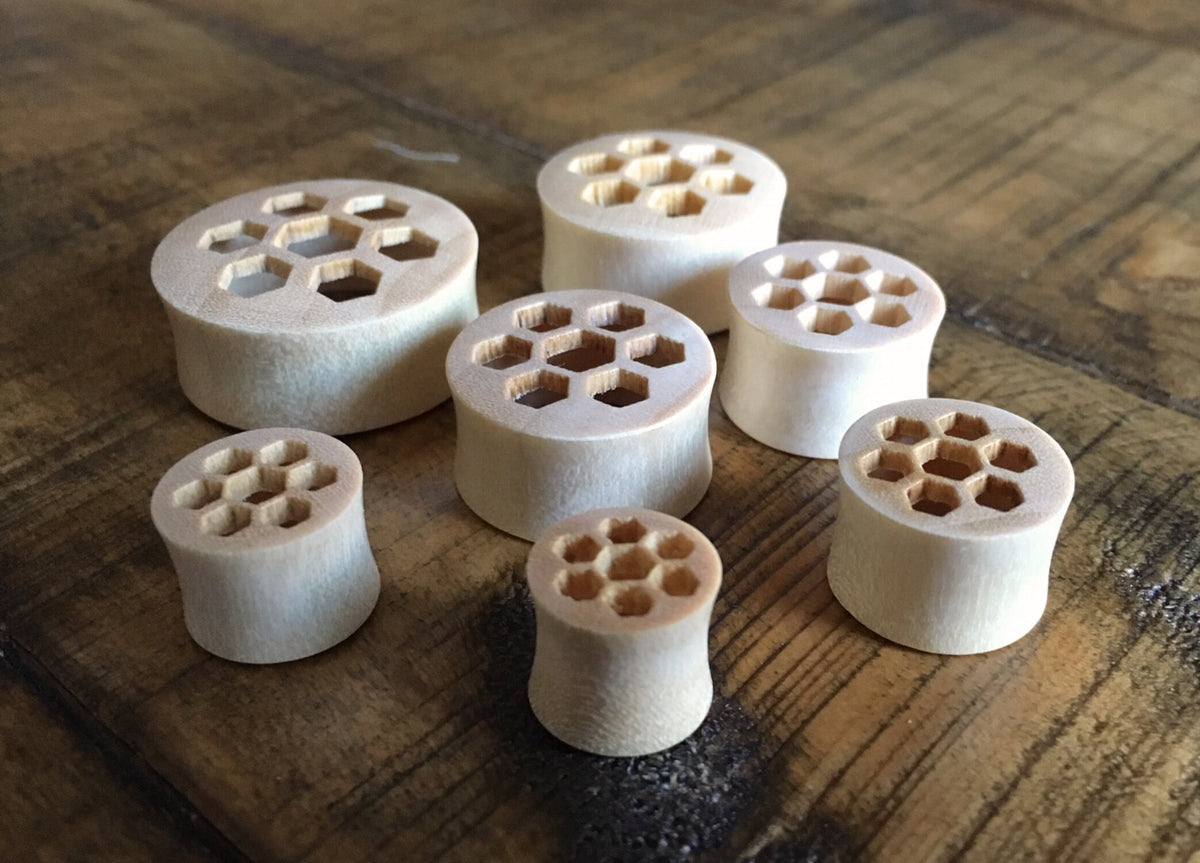 PAIR of Organic Honeycomb Cut Out Blonde Crocodile Wood Saddle Plugs - Gauges 00g (10mm) up to 1" (25mm) available!