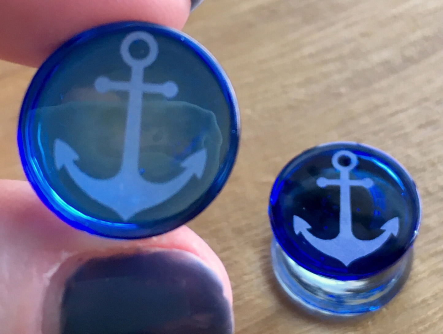 PAIR of 5/8" (16mm) Unique Anchor Engraved Blue Pyrex Glass Double Flare Plugs