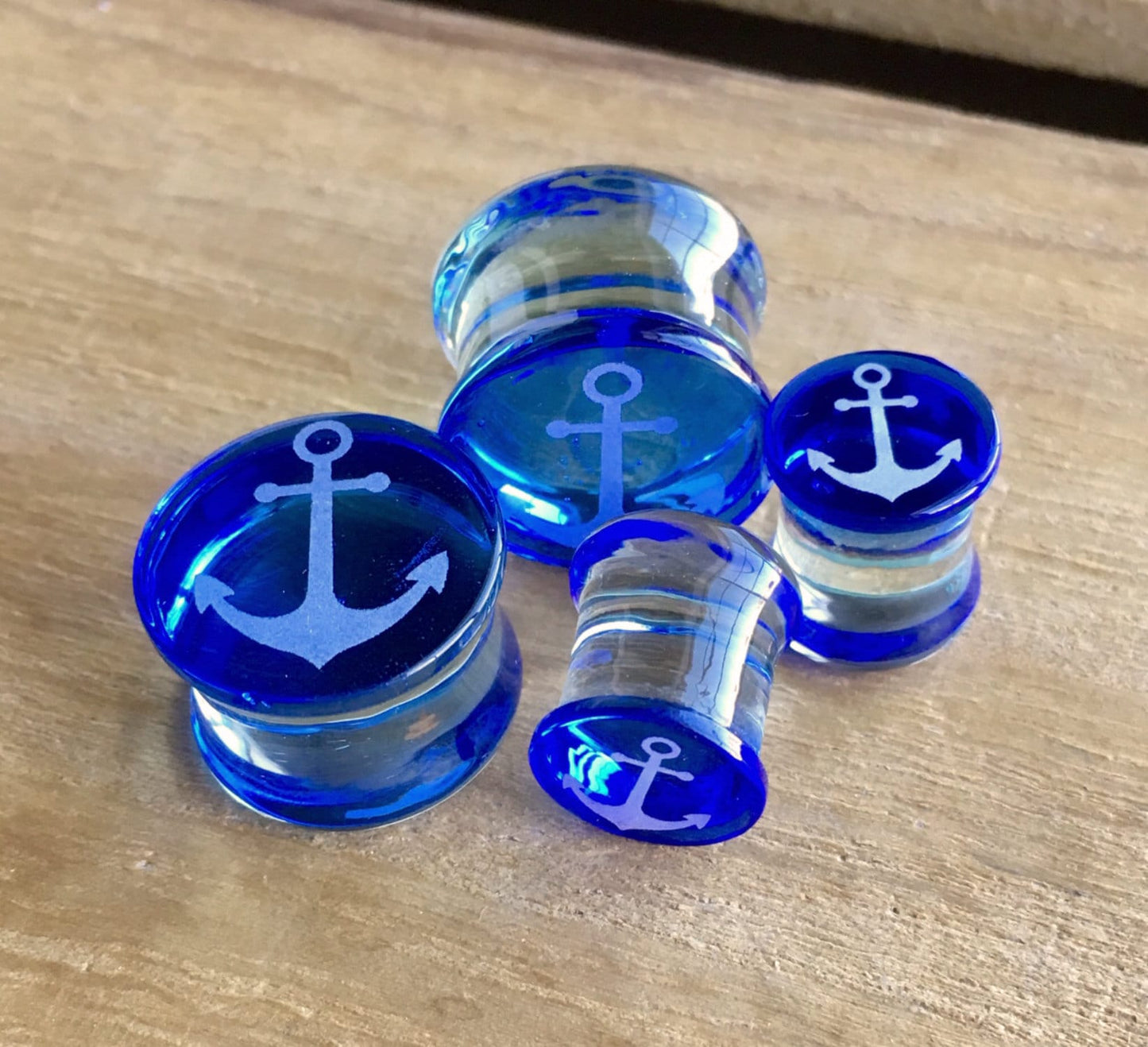 PAIR of 5/8" (16mm) Unique Anchor Engraved Blue Pyrex Glass Double Flare Plugs