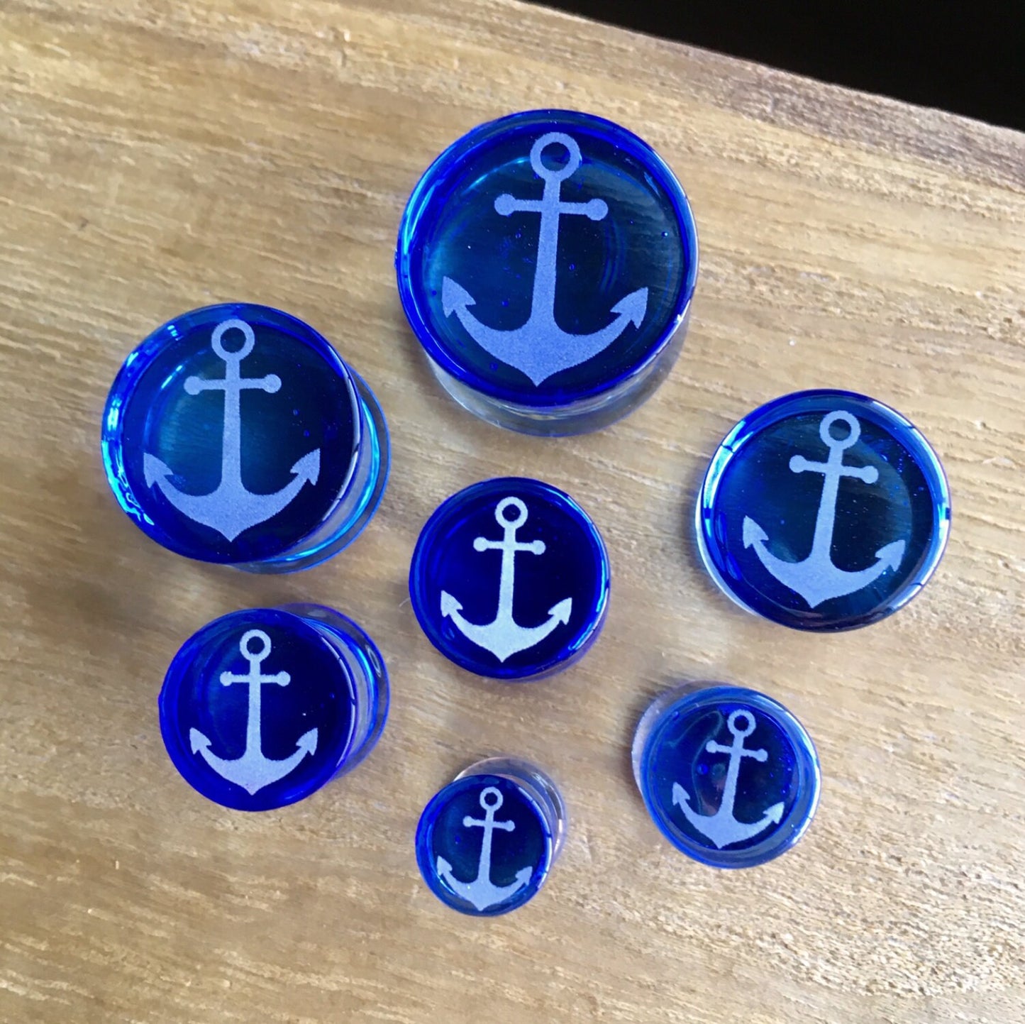 PAIR of 5/8" (16mm) Unique Anchor Engraved Blue Pyrex Glass Double Flare Plugs