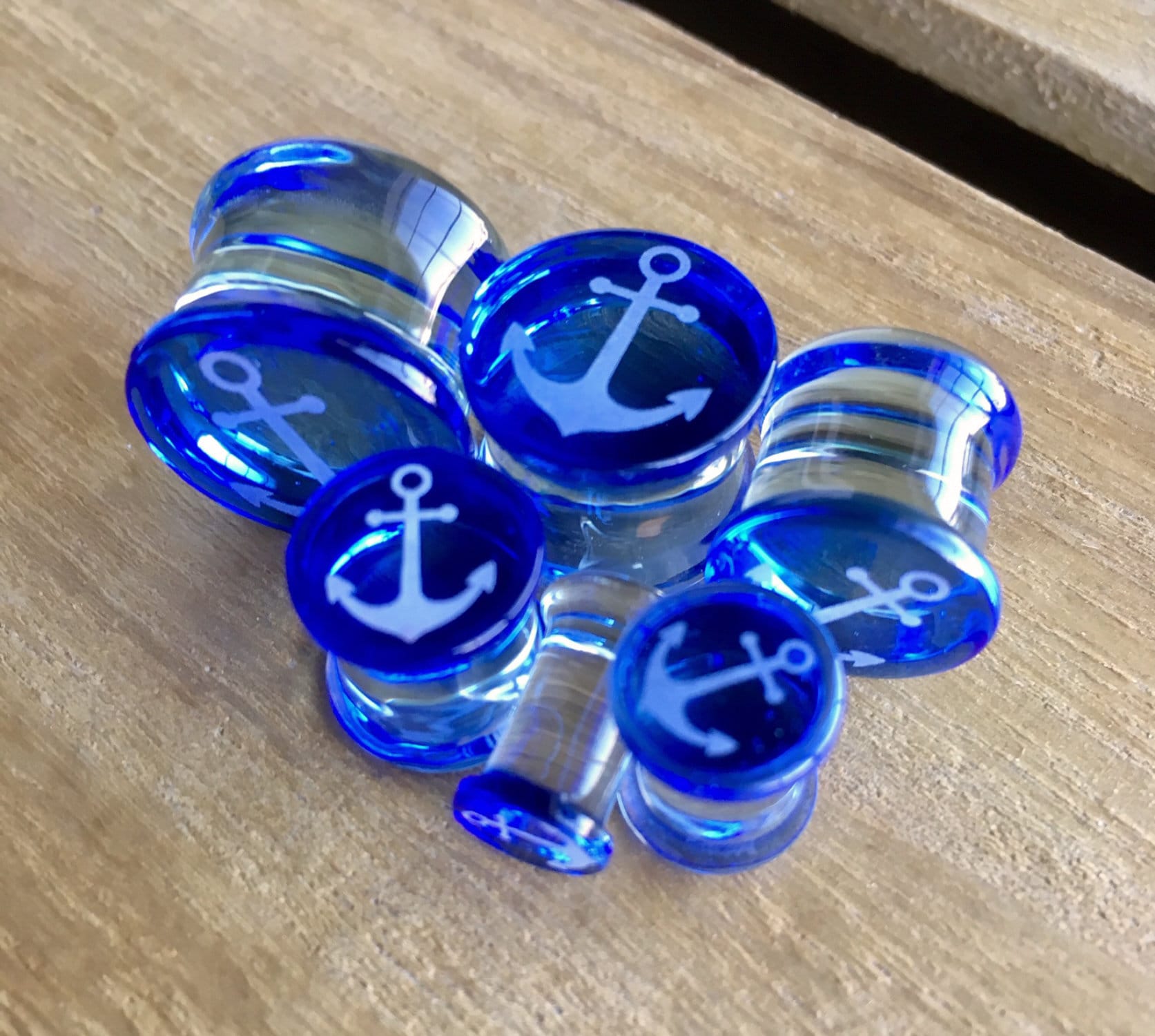 PAIR of 5/8" (16mm) Unique Anchor Engraved Blue Pyrex Glass Double Flare Plugs